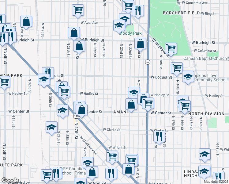 map of restaurants, bars, coffee shops, grocery stores, and more near 2776 North 24th Street in Milwaukee