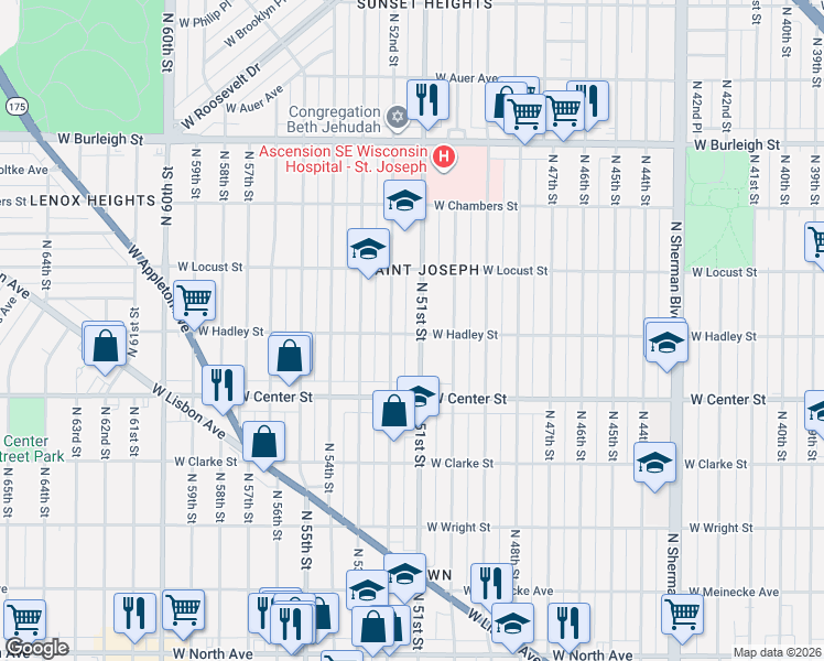 map of restaurants, bars, coffee shops, grocery stores, and more near 2763 North 51st Street in Milwaukee