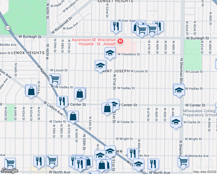 map of restaurants, bars, coffee shops, grocery stores, and more near 2763 North 51st Street in Milwaukee