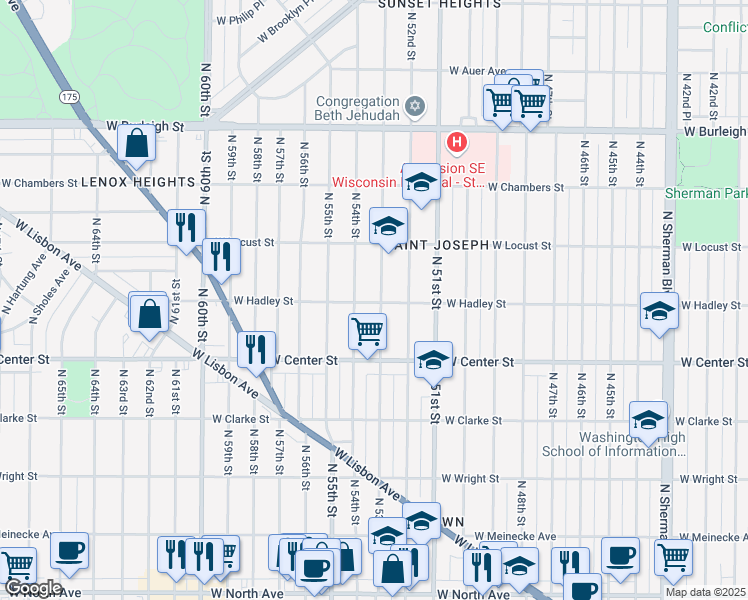 map of restaurants, bars, coffee shops, grocery stores, and more near 2766 North 53rd Street in Milwaukee