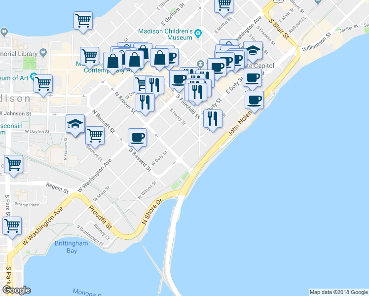 map of restaurants, bars, coffee shops, grocery stores, and more near 350 South Hamilton Street in Madison