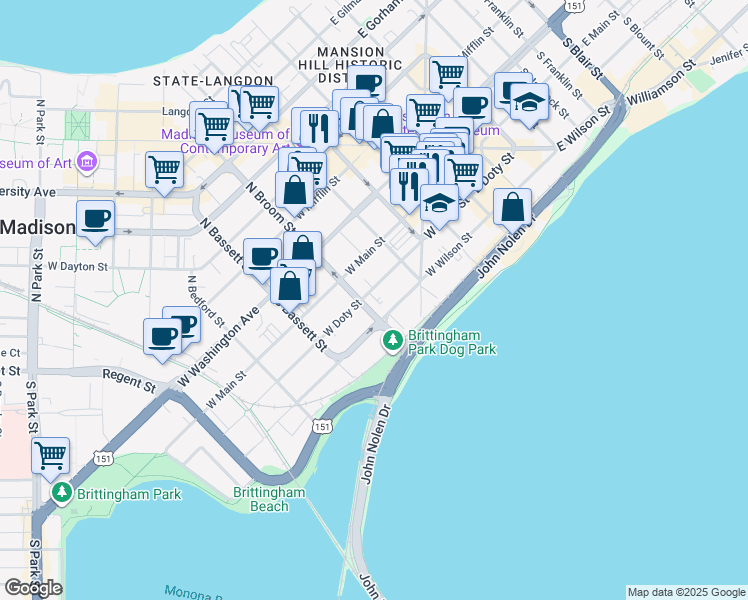 map of restaurants, bars, coffee shops, grocery stores, and more near 215 South Broom Street in Madison