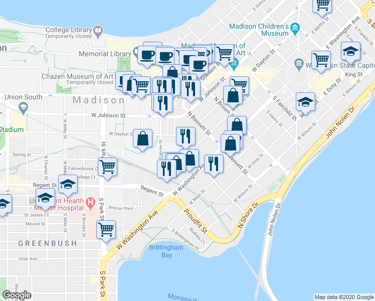 map of restaurants, bars, coffee shops, grocery stores, and more near 640 West Mifflin Street in Madison