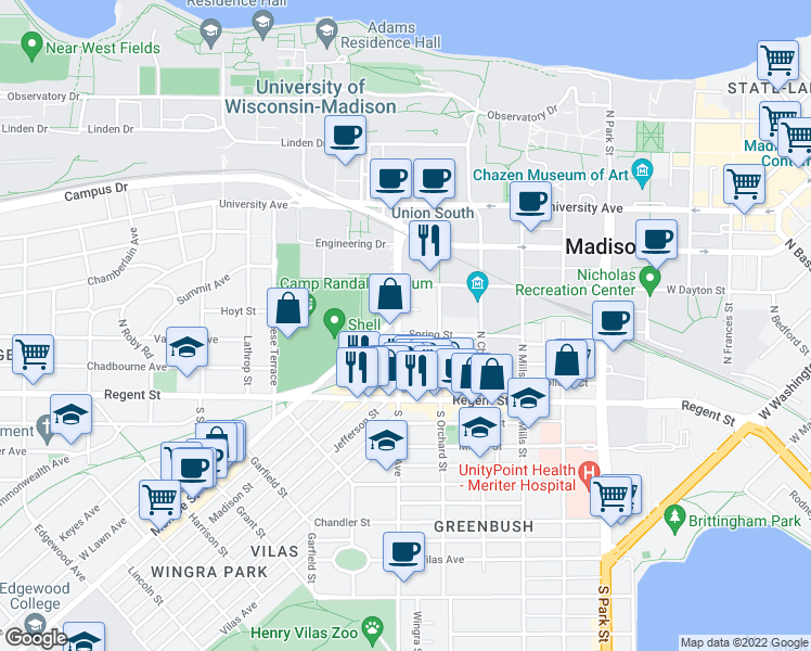 map of restaurants, bars, coffee shops, grocery stores, and more near 1419 Monroe Street in Madison