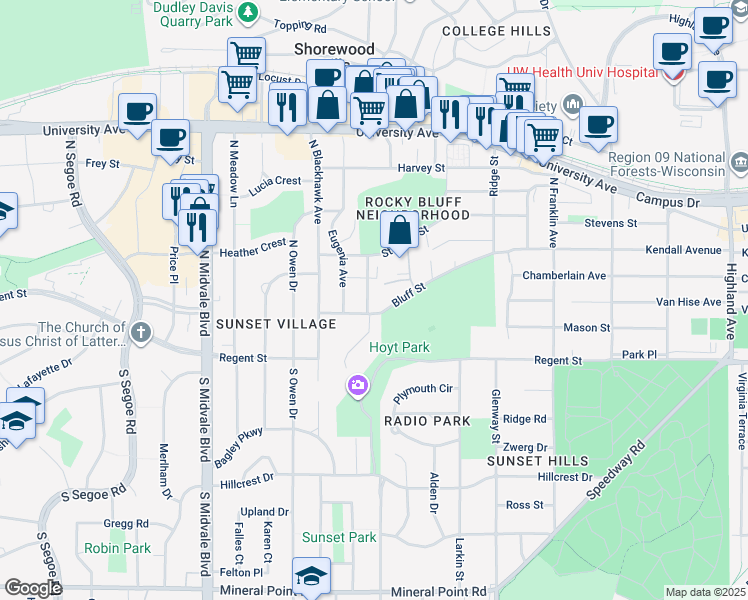 map of restaurants, bars, coffee shops, grocery stores, and more near 3214 Bluff Street in Madison