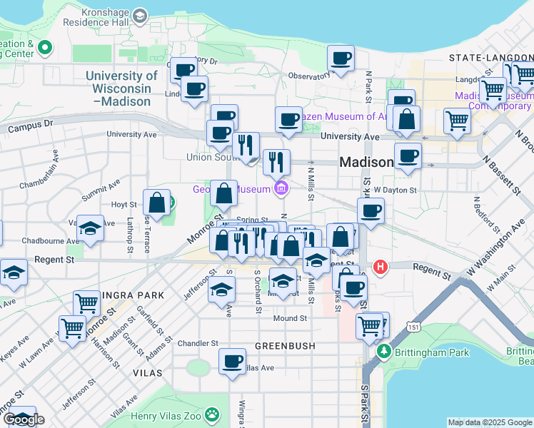 map of restaurants, bars, coffee shops, grocery stores, and more near 1218 Spring Street in Madison