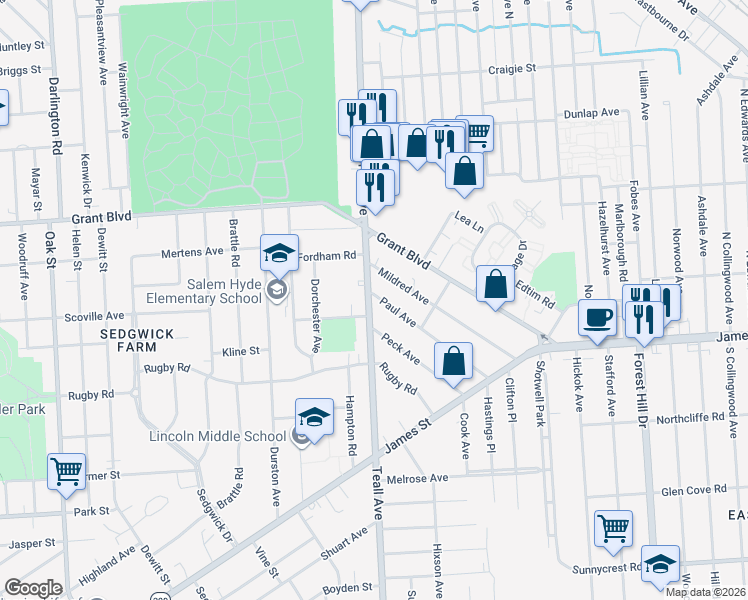 map of restaurants, bars, coffee shops, grocery stores, and more near 100 Gray Avenue in Syracuse