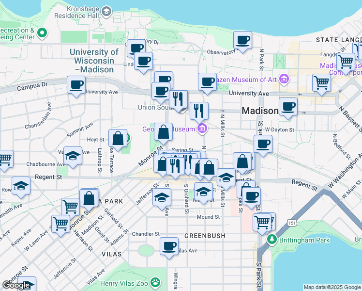 map of restaurants, bars, coffee shops, grocery stores, and more near 1301 Spring Street in Madison