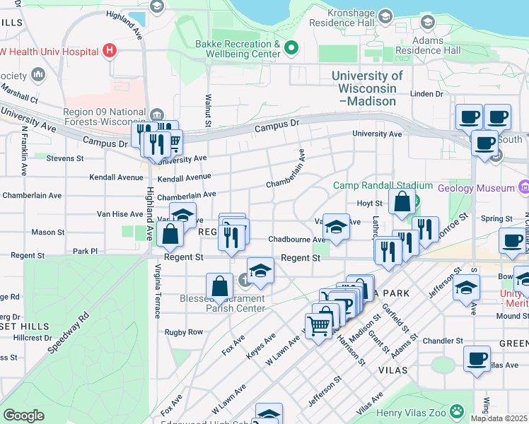map of restaurants, bars, coffee shops, grocery stores, and more near 106 North Prospect Avenue in Madison