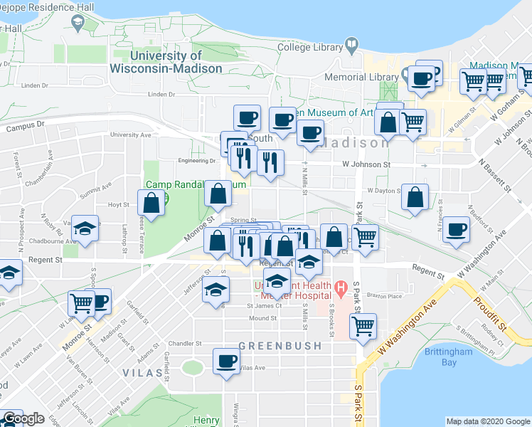 map of restaurants, bars, coffee shops, grocery stores, and more near 1216 Spring Street in Madison