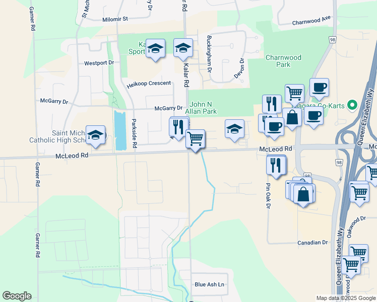 map of restaurants, bars, coffee shops, grocery stores, and more near McLeod Rd & Kalar Road in Niagara Falls