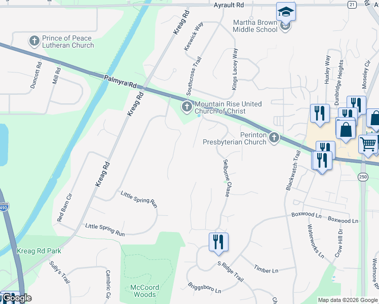 map of restaurants, bars, coffee shops, grocery stores, and more near 19 Selborne Chase in Fairport
