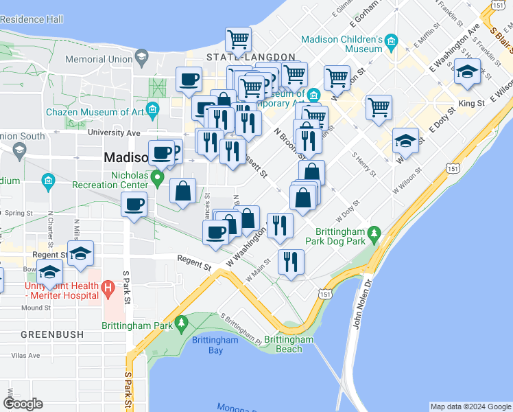 map of restaurants, bars, coffee shops, grocery stores, and more near 539 West Mifflin Street in Madison