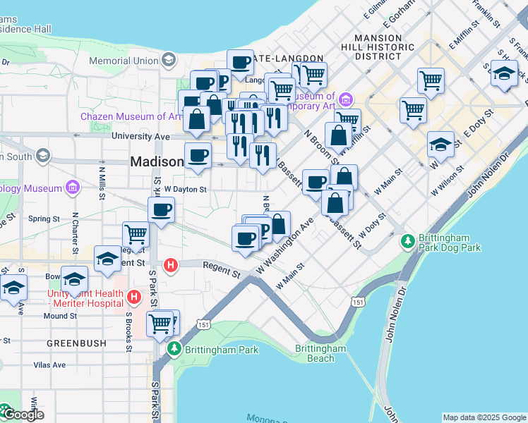 map of restaurants, bars, coffee shops, grocery stores, and more near 110 North Bedford Street in Madison
