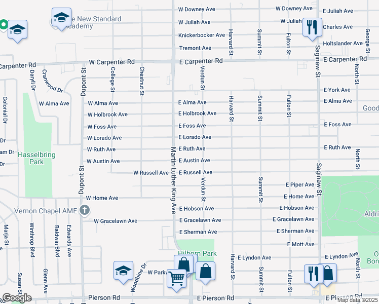 map of restaurants, bars, coffee shops, grocery stores, and more near 141 East Austin Avenue in Flint