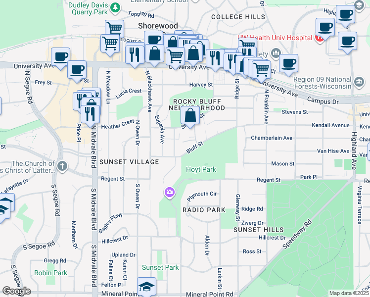 map of restaurants, bars, coffee shops, grocery stores, and more near 3212 Bluff Street in Madison