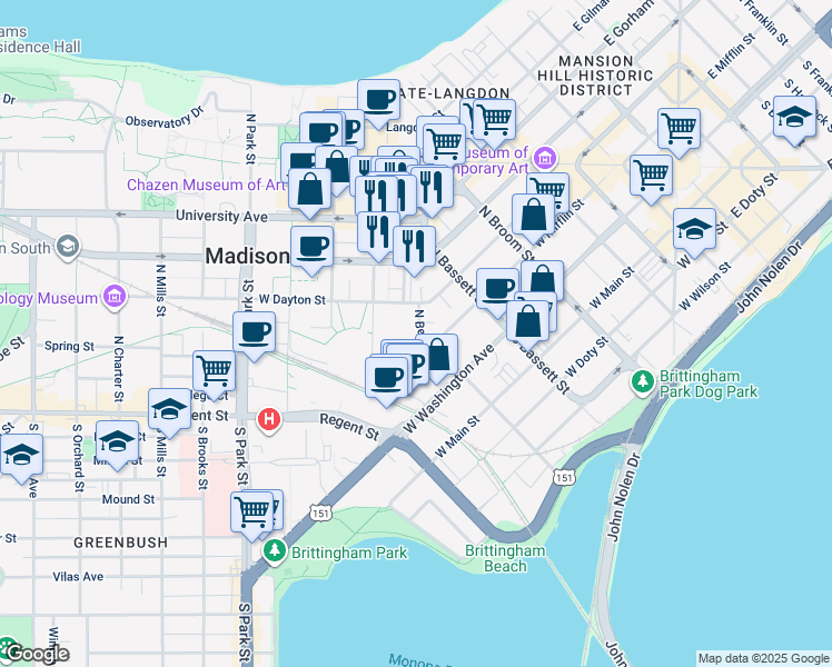 map of restaurants, bars, coffee shops, grocery stores, and more near 110 North Bedford Street in Madison