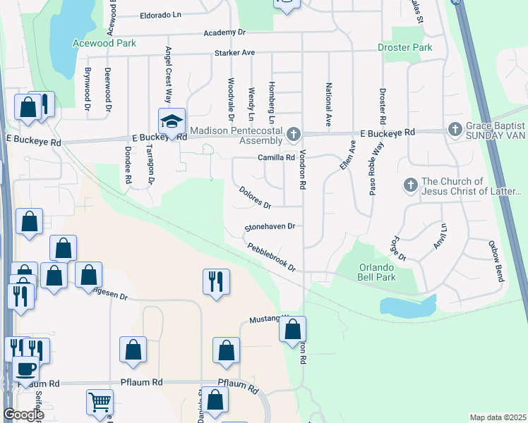 map of restaurants, bars, coffee shops, grocery stores, and more near 1958 Dolores Drive in Madison