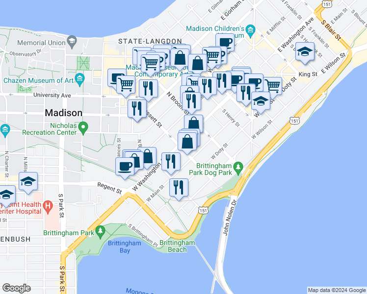 map of restaurants, bars, coffee shops, grocery stores, and more near 453 West Washington Avenue in Madison