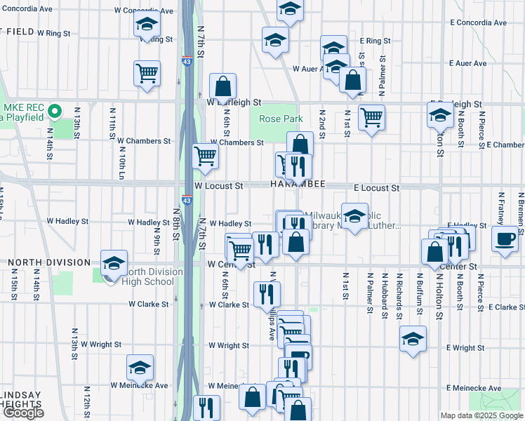 map of restaurants, bars, coffee shops, grocery stores, and more near 2821 North Vel R. Phillips Avenue in Milwaukee