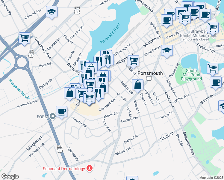 map of restaurants, bars, coffee shops, grocery stores, and more near 89 Brewery Lane in Portsmouth