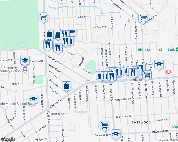 map of restaurants, bars, coffee shops, grocery stores, and more near 144 Grant Boulevard in Syracuse