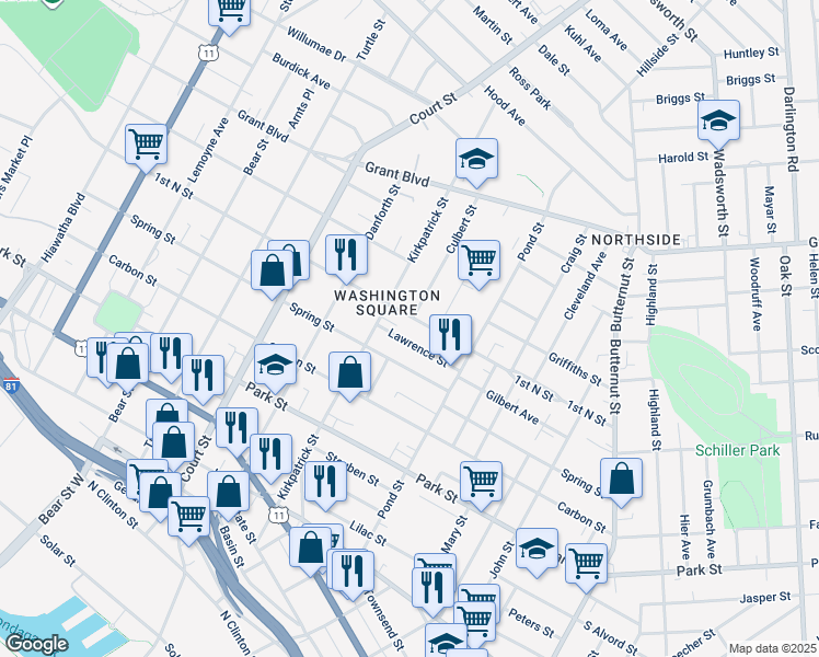 map of restaurants, bars, coffee shops, grocery stores, and more near 135 Lawrence Street in Syracuse