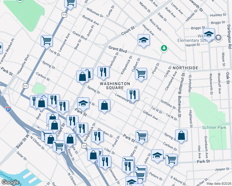 map of restaurants, bars, coffee shops, grocery stores, and more near 135 Lawrence Street in Syracuse