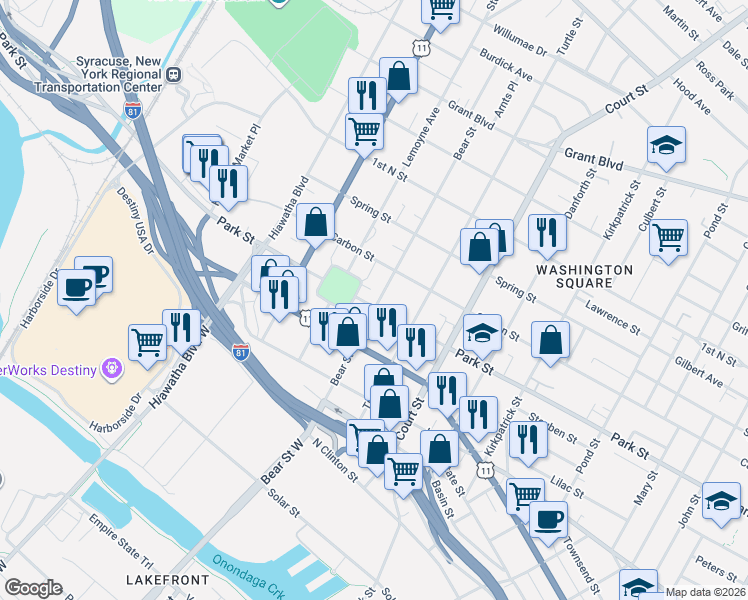 map of restaurants, bars, coffee shops, grocery stores, and more near 316-20 Bristol Place in Syracuse