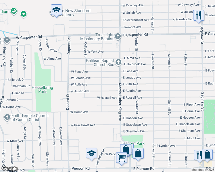 map of restaurants, bars, coffee shops, grocery stores, and more near 206 West Austin Avenue in Flint