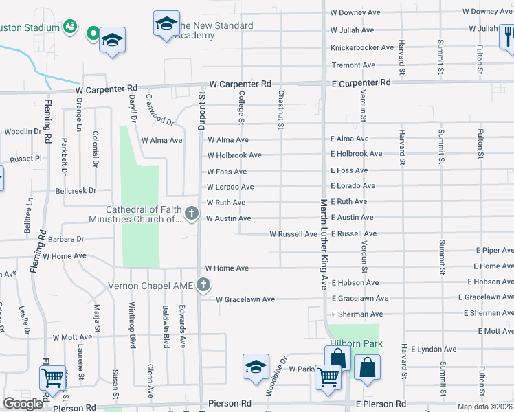 map of restaurants, bars, coffee shops, grocery stores, and more near 502 West Austin Avenue in Flint