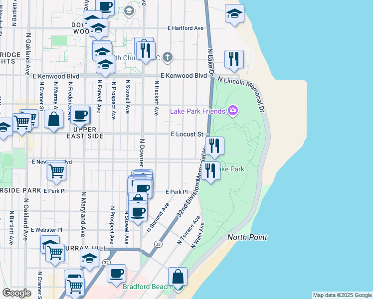 map of restaurants, bars, coffee shops, grocery stores, and more near 2808 North Shepard Avenue in Milwaukee