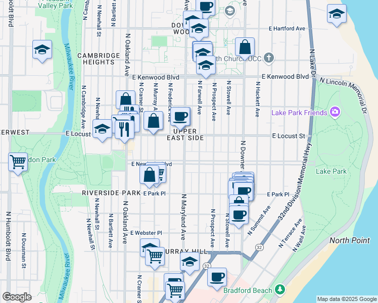 map of restaurants, bars, coffee shops, grocery stores, and more near 2228 East Newberry Boulevard in Milwaukee