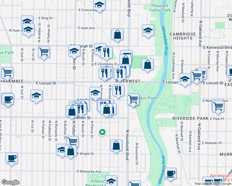 map of restaurants, bars, coffee shops, grocery stores, and more near 910 East Hadley Street in Milwaukee