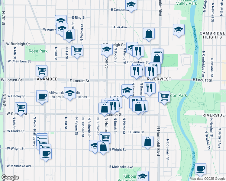 map of restaurants, bars, coffee shops, grocery stores, and more near 2805 North Booth Street in Milwaukee