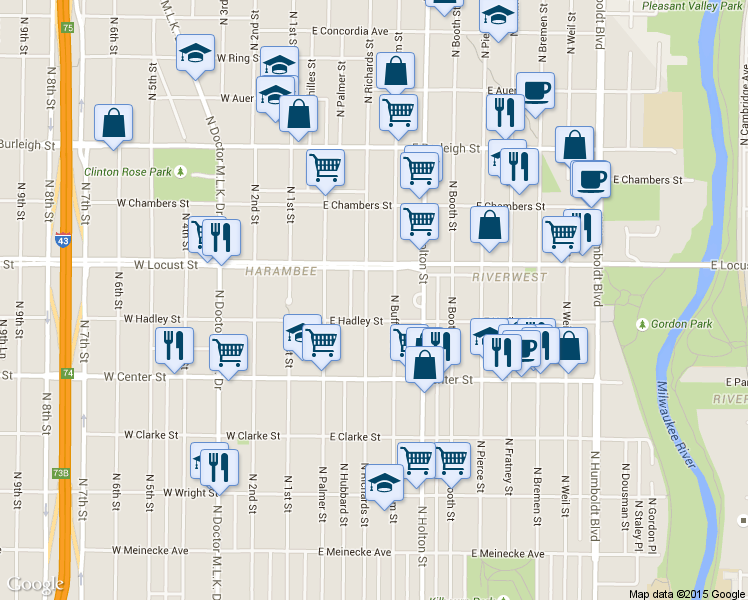 map of restaurants, bars, coffee shops, grocery stores, and more near 306 East Hadley Street in Milwaukee