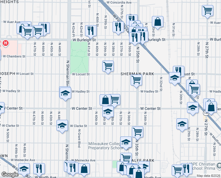 map of restaurants, bars, coffee shops, grocery stores, and more near 2773 North 38th Street in Milwaukee