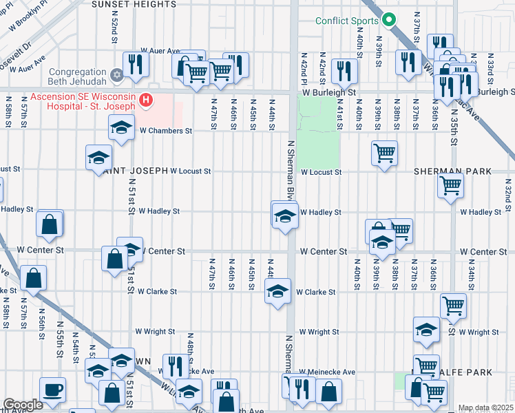 map of restaurants, bars, coffee shops, grocery stores, and more near 2771 North 44th Street in Milwaukee
