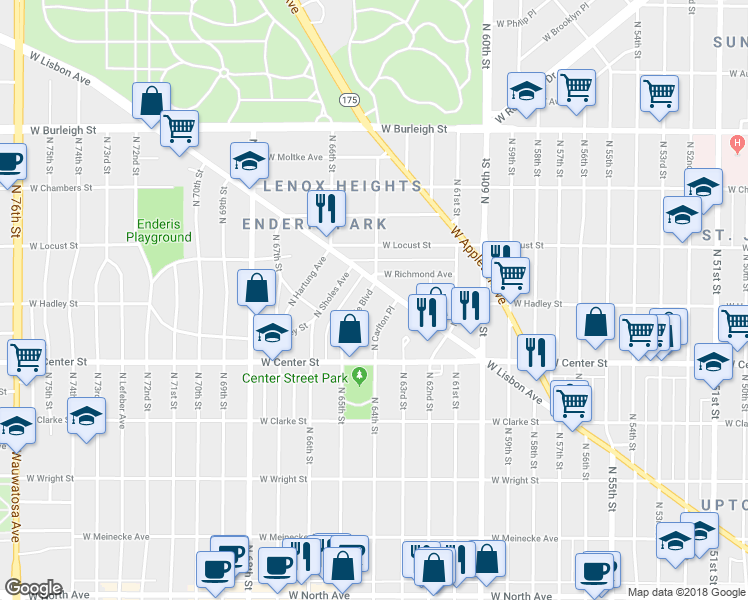 map of restaurants, bars, coffee shops, grocery stores, and more near 2770 North Carlton Place in Milwaukee