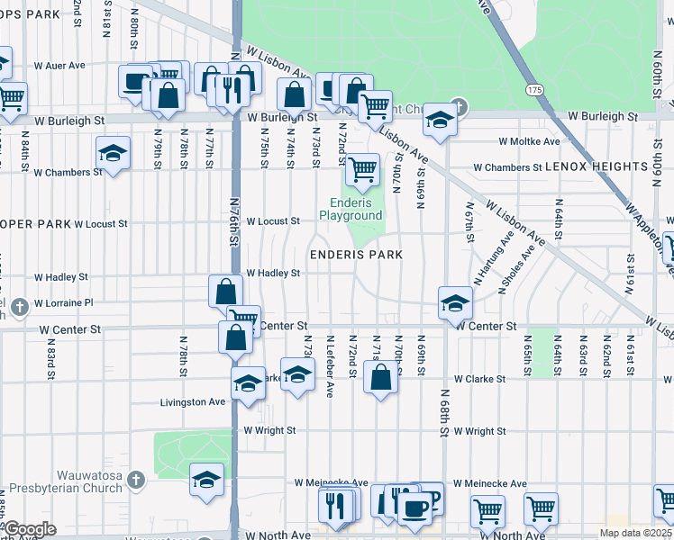 map of restaurants, bars, coffee shops, grocery stores, and more near 2767 North 72nd Street in Milwaukee
