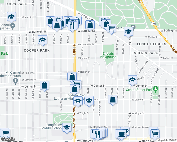 map of restaurants, bars, coffee shops, grocery stores, and more near 2770 North 74th Street in Milwaukee