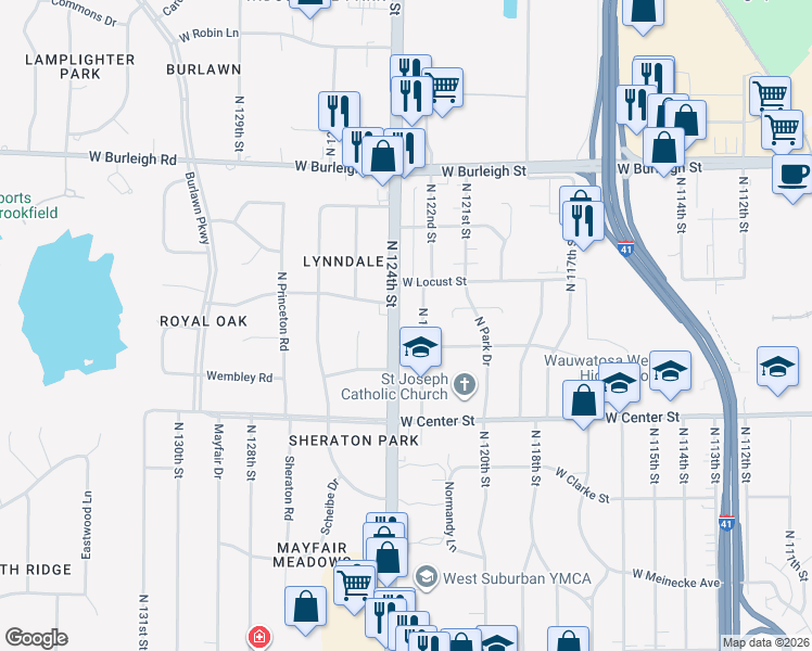 map of restaurants, bars, coffee shops, grocery stores, and more near 12310 West Hadley Street in Wauwatosa