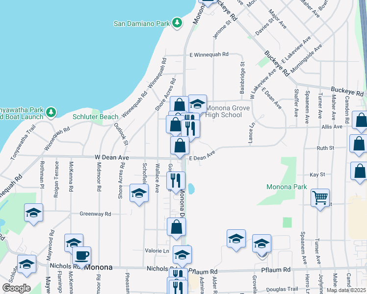 map of restaurants, bars, coffee shops, grocery stores, and more near 4613 Monona Drive in Monona
