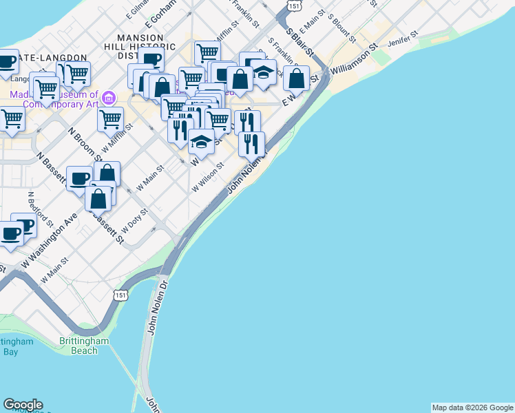 map of restaurants, bars, coffee shops, grocery stores, and more near in Madison
