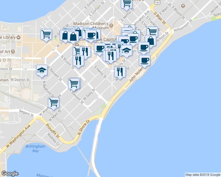 map of restaurants, bars, coffee shops, grocery stores, and more near 350 South Hamilton Street in Madison