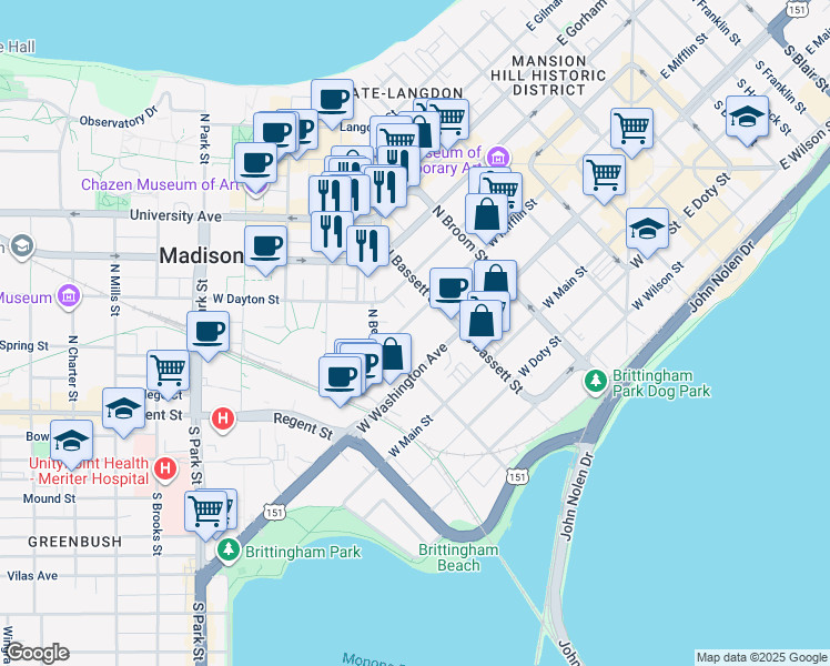 map of restaurants, bars, coffee shops, grocery stores, and more near 542 West Washington Avenue in Madison