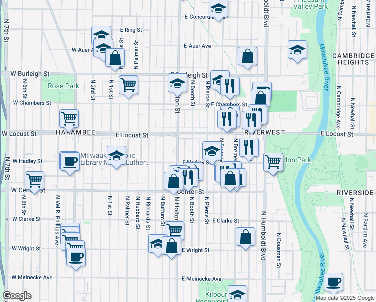 map of restaurants, bars, coffee shops, grocery stores, and more near 2805 North Booth Street in Milwaukee