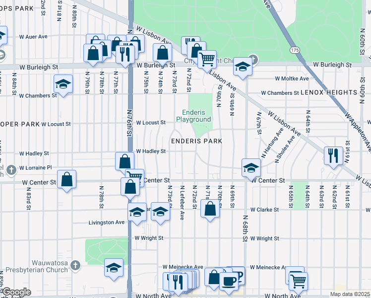 map of restaurants, bars, coffee shops, grocery stores, and more near 2767 North 72nd Street in Milwaukee