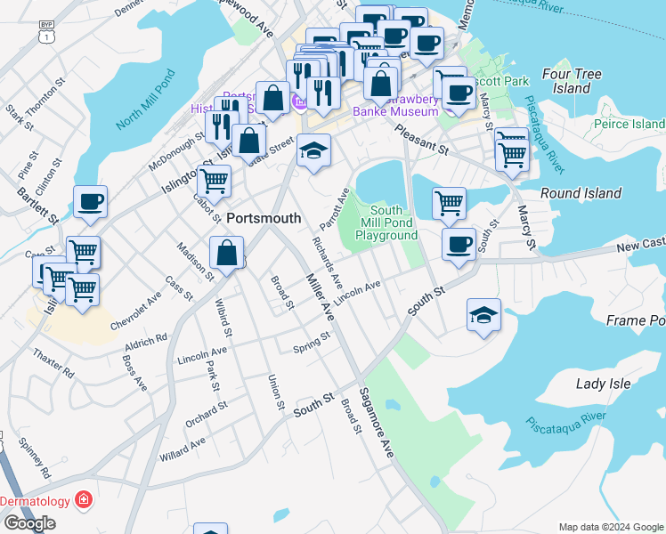 map of restaurants, bars, coffee shops, grocery stores, and more near 247 Richards Avenue in Portsmouth