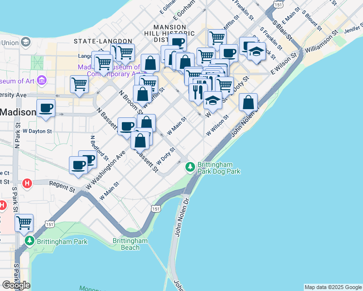map of restaurants, bars, coffee shops, grocery stores, and more near 339 West Doty Street in Madison